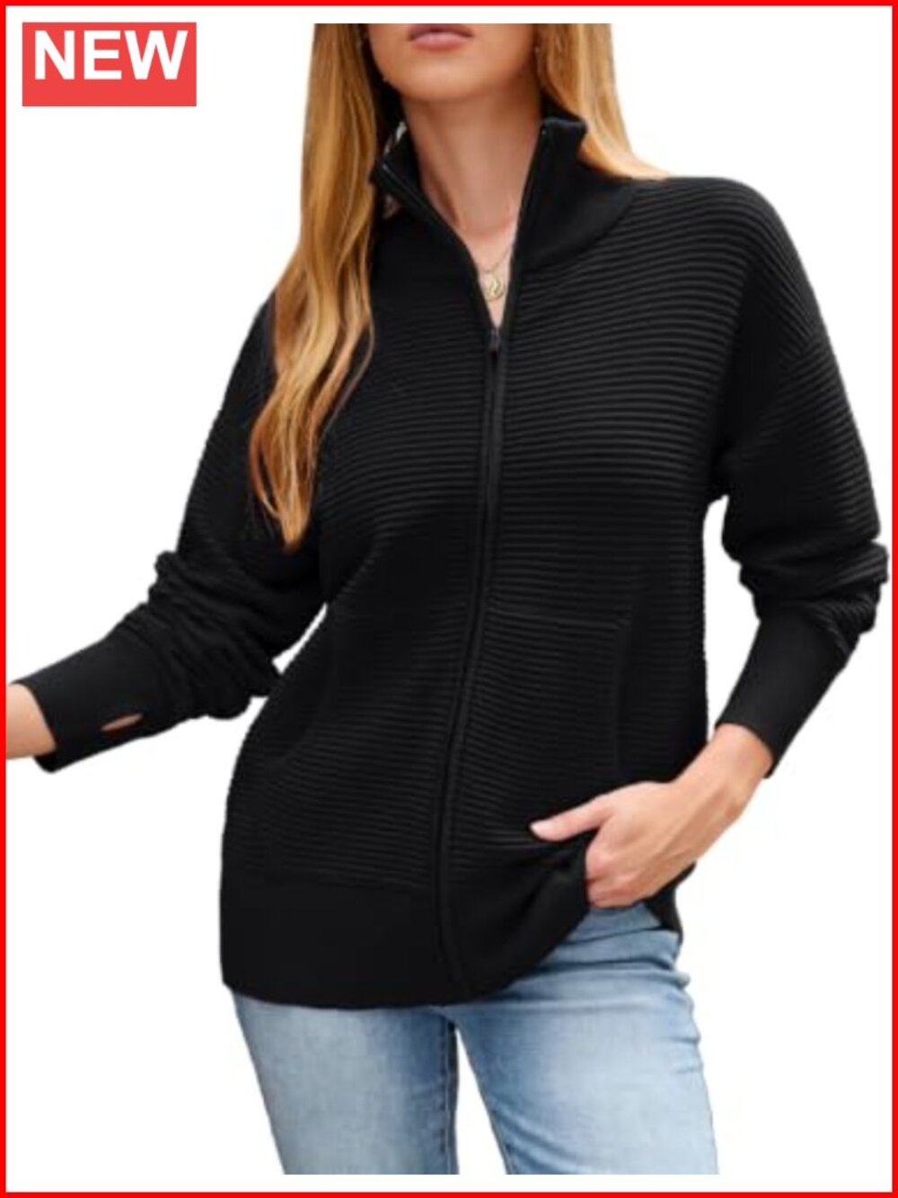 Ribbed Knit Zip Up Cardigan Long Sleeve Thumb Hole Kangaroo Pocket